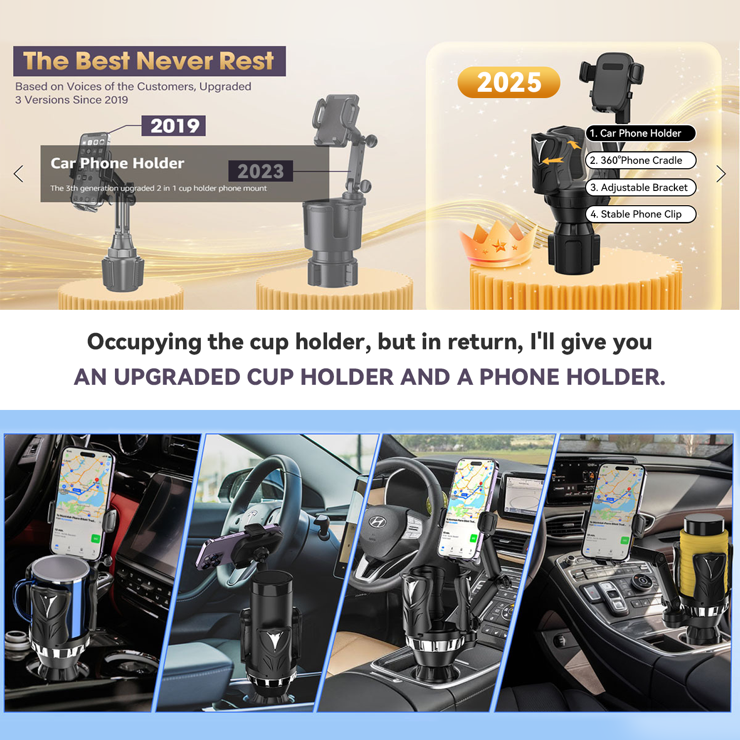 RUIYA 2025 Multifunction 2 in 1 Cup Holder Phone Holder for Car with Most Bottles and All Smartphones