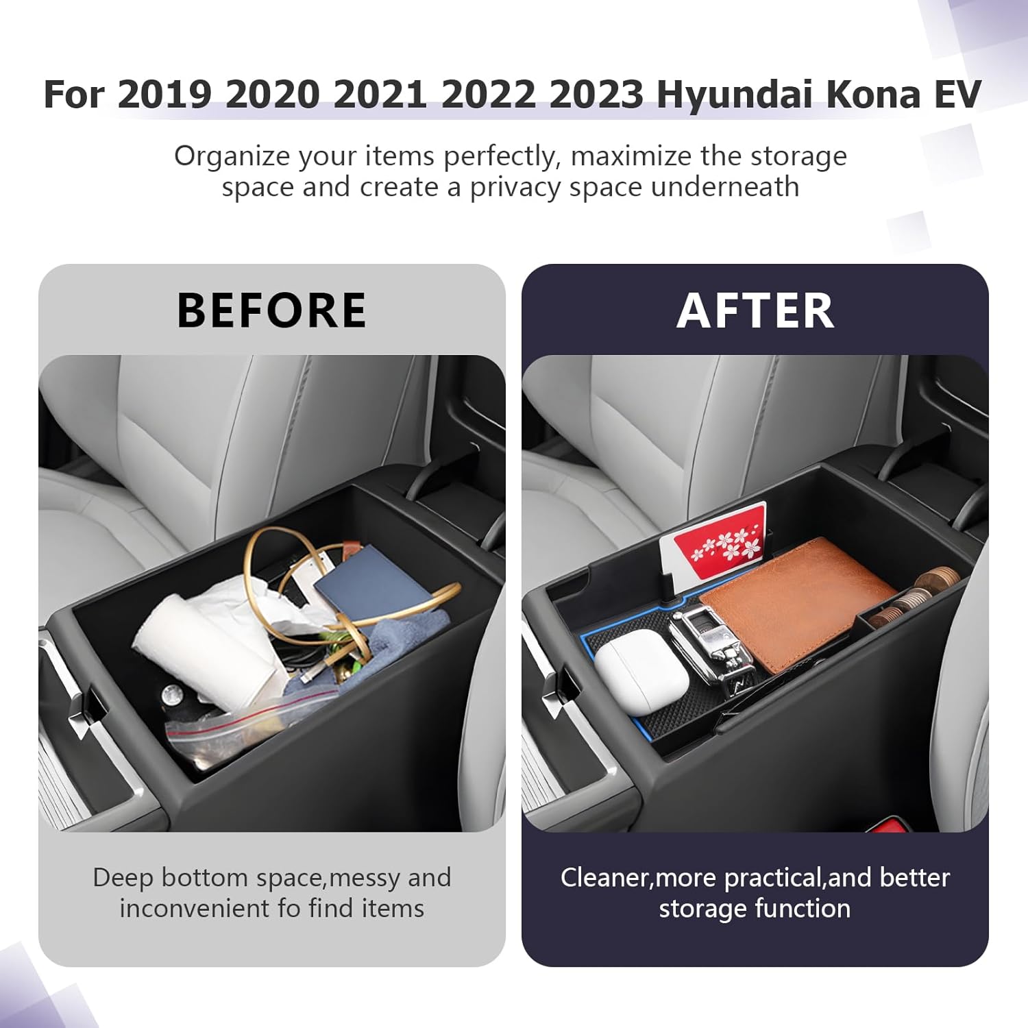 For Hyundai Kona EV SE/SEL/Limited Center Console Armrest Organizer 2019-2023