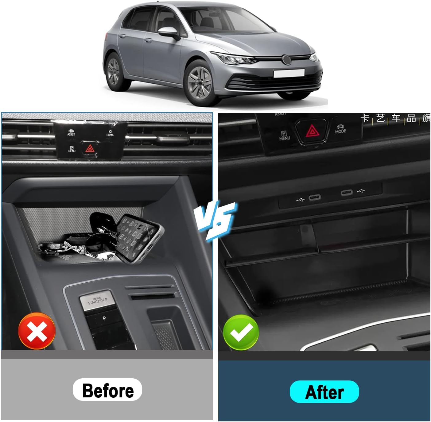 Bandeja de almacenamiento para reposabrazos central VW Golf 8 GTI Mk8 2020+