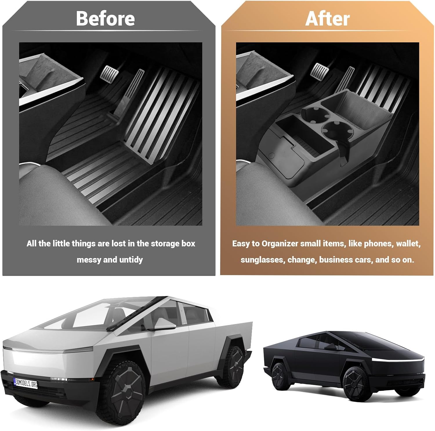 For Tesla Cybertruck Console Organizer with Silicone Inserts 2 in 1 Cup Holder 2023+