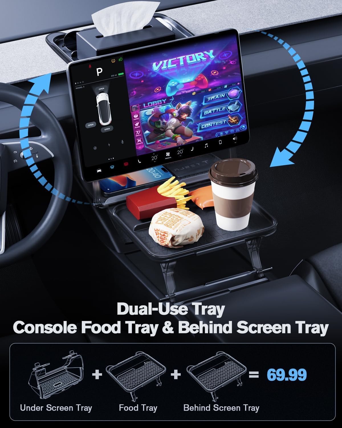 Tesla Model 3/Y 2-in-1 Car Food Tray& Behind Screen Organizer 2016+