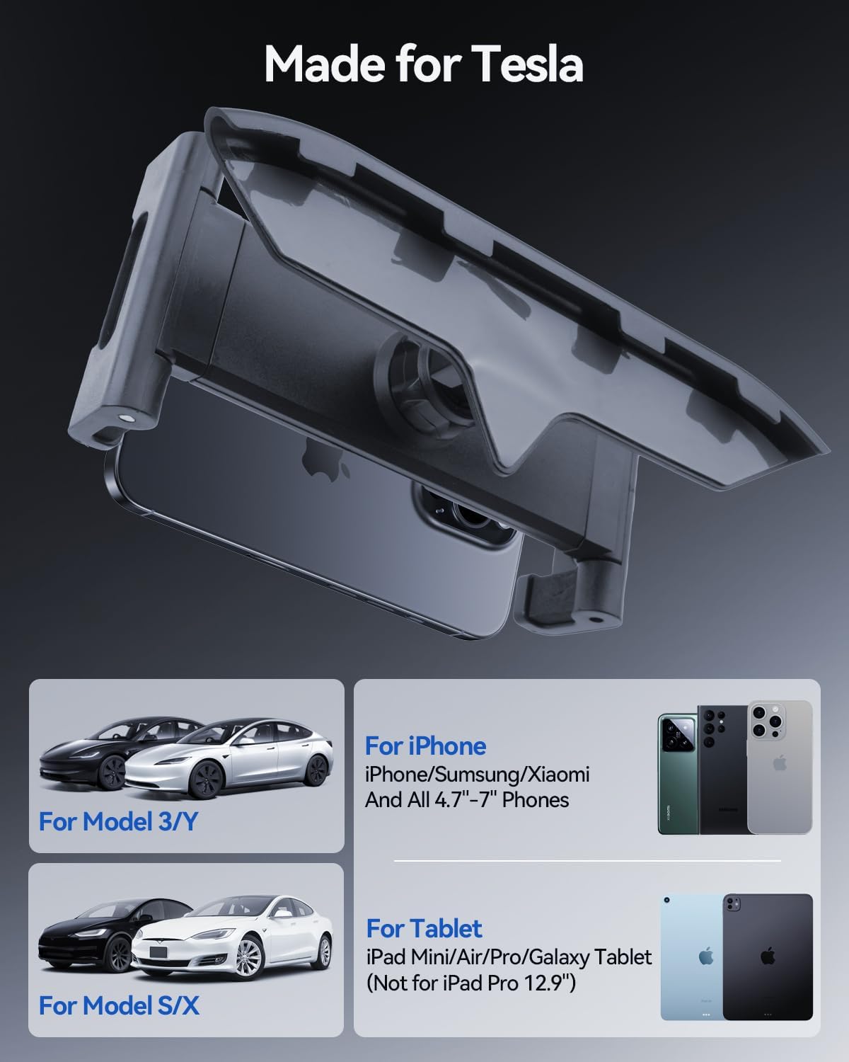 For Tesla Model 3/Y/X/S Universal 360° Adjustable Tablet Holder for Ipad, Galaxy Tablet, iPhone, Android Mobile Phones and More, Samsung