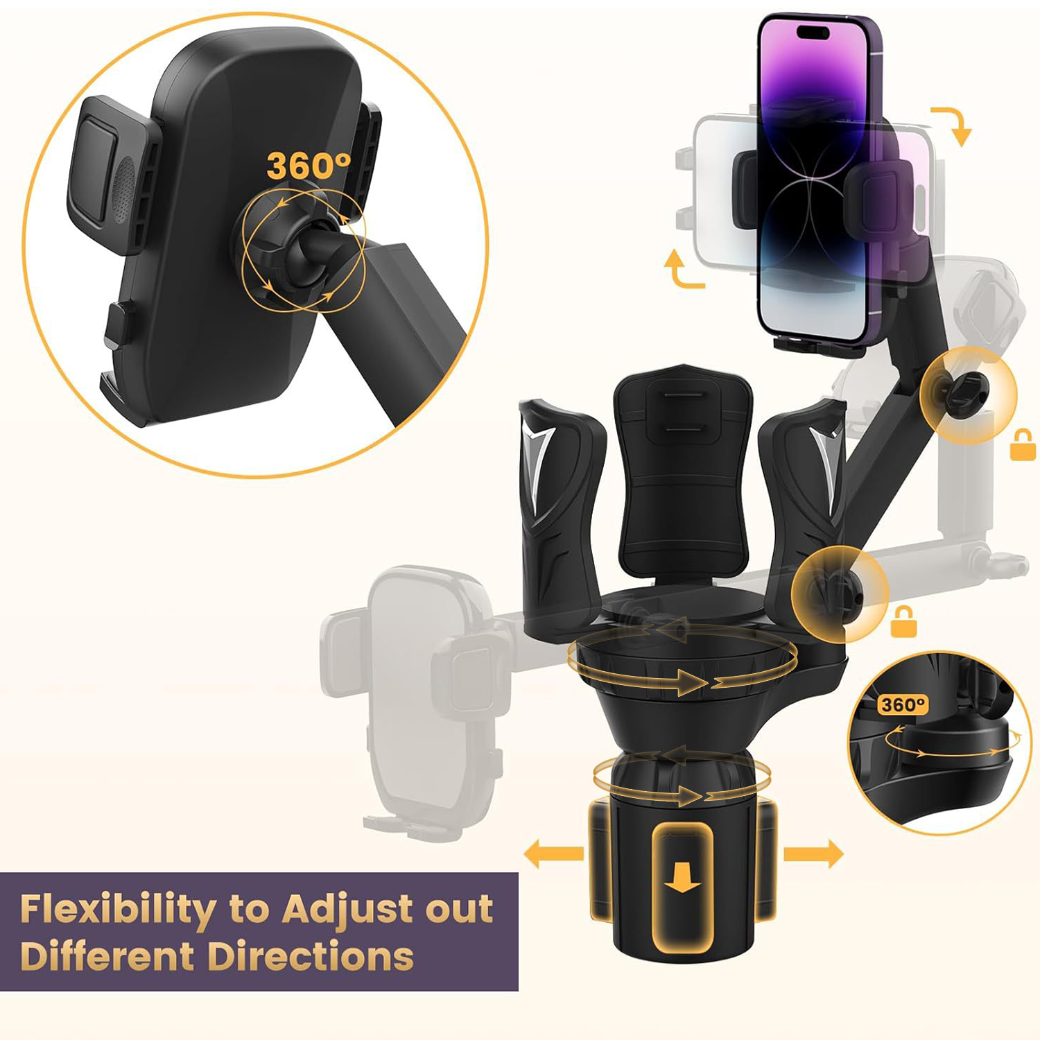 RUIYA 2025 Multifunction 2 in 1 Cup Holder Phone Holder for Car with Most Bottles and All Smartphones