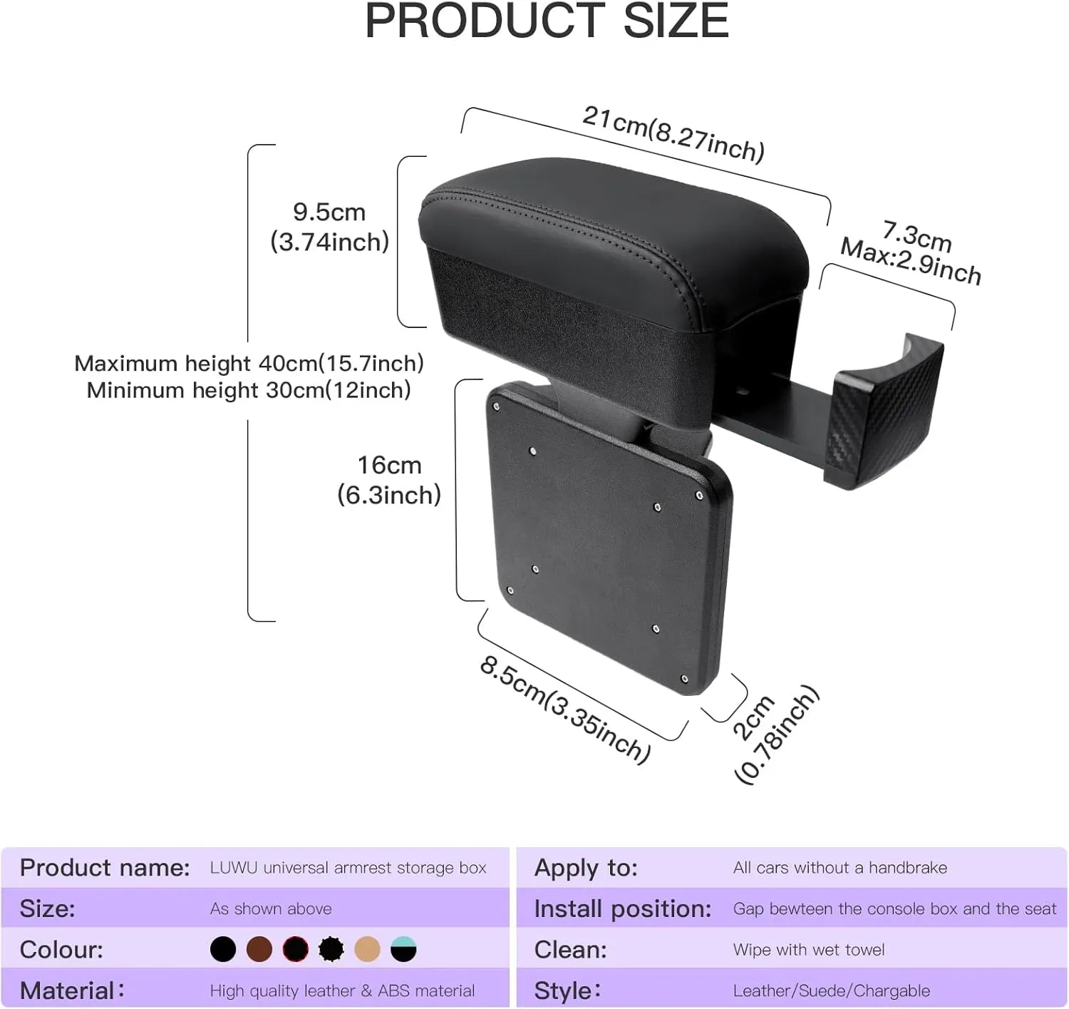 Ruiya Universal Height Adjustable Armrest Box with Wireless Charger